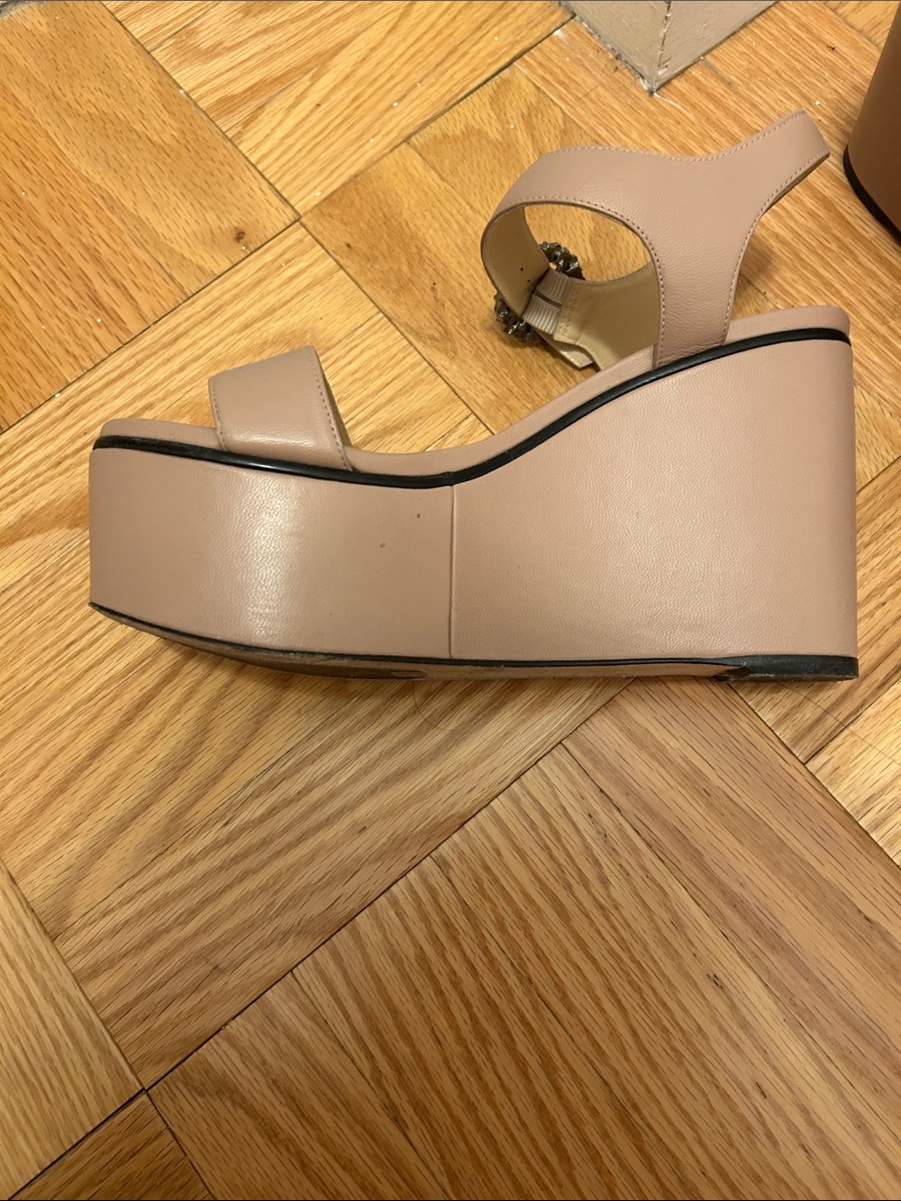 Jimmy Choo Nude Taupe Leather Wedge Sandals with Crystal Buckles - Picture 7 of 13